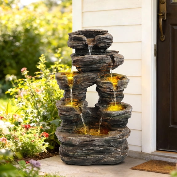 7-Tier Cascading Rock Water Fountain, Outdoor Water Fountain with LED Light, Adjustable Flow & Electric Pump, Outdoor Garden Waterfall for Patio, Yard, Balcony or Home Decor (Gray)
