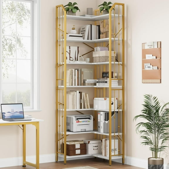 7-Tier Corner Bookshelf, 86" H L-Shaped Bookcase with Wood Board, Industrial Storage Shelf for Living Room, Bedroom, Office