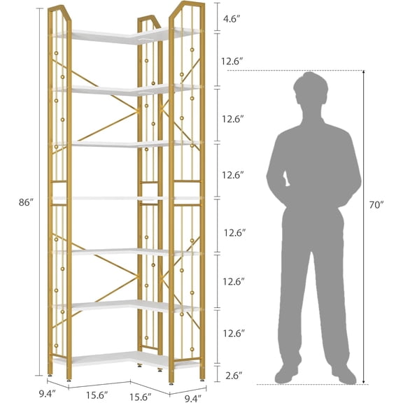 7 Tier Corner Bookshelf,86'' l Shaped Bookcase,Industrial Open Shelf Bookcase,Tall Bookshelves Storage Display Rack with Beaded Design,Open Shelves for Living Room, Bedroom(Gold & White)