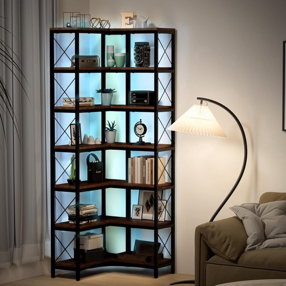 7-Tier Corner Bookshelf with LED Light strips, 78.7” Tall Corner Shelf Storage Display Rack with Metal Frame, Large Capacity Corner Bookcase for Living Room Home Office Rustic Brown