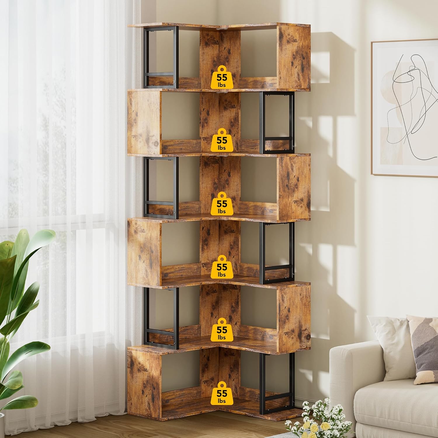 7 Tier Corner Bookshelf - Large Modern Display Storage Rack for Living ...