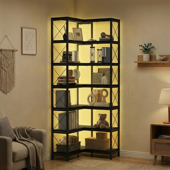7 Tier Corner Bookshelf with LED Lights, 78.7” High Corner Shelf Storage for Living Room, Study Room, Metal Frame Extra Large Capacity, Black