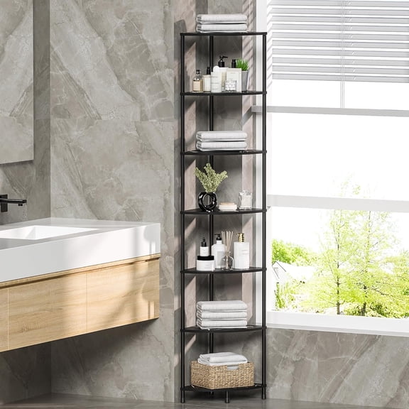 7-Tier Corner Bookshelf with Storage, Marble Black Standing Shelf for Living Room Bedroom Bathroom Small Space Decor Organizer