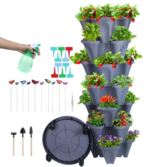 7 Tier Dark Gray Stackable Strawberry Planter Garden Tower for Vegetables Flowers Herbs Succulents Vertical Oasis Grow Your Own