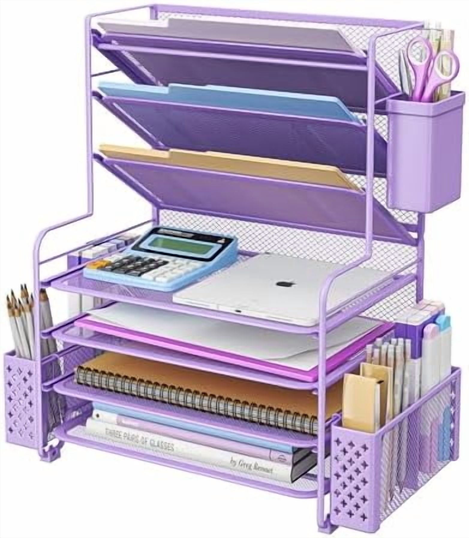 7 Tier Desk File Organizer, Letter Tray Paper Organizer with Pen Holder and Metal Hanging Basket, Purple