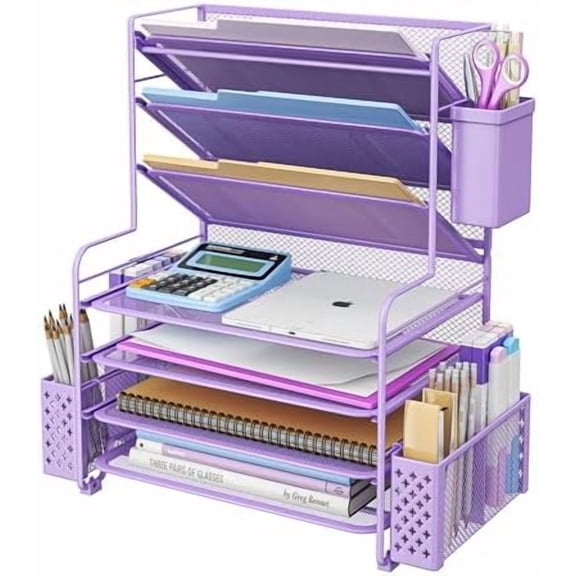 7 Tier Desk File Organizer, Letter Tray Paper Organizer with Pen Holder and Metal Hanging Basket, Purple