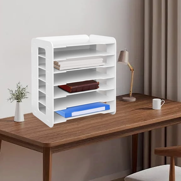 7-Tier Desktop File Organizer, White PVC Letter Tray Paper Sorter, Space-Saving Document Rack for Office, School, Home Desk Organization