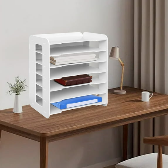 7-Tier Desktop File Organizer, White PVC Letter Tray Paper Sorter, Space-Saving Document Rack for Office, School, Home Desk Organization
