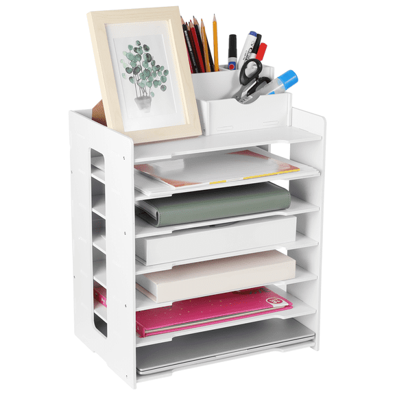 7-Tier Desktop File Organizer with Side Stationery Storage Compartment,Multi-Layer Paper Document Holder Rack for Office & School