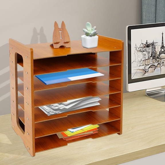 7Tier Desktop Paper Organizer Shelf Vertical Office File Holder with Large Capacity, HighDensity Board, Adjustable Shelf Heights Modern Wood Desk Storage for Home & Office