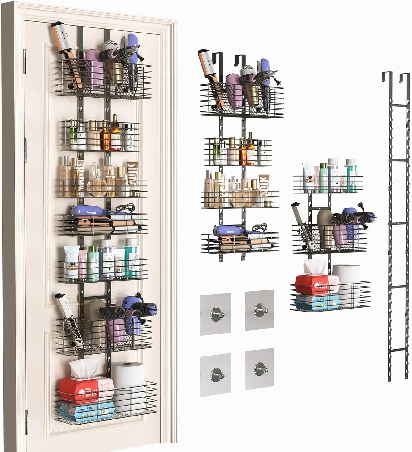 X-COSRACK 7-Tier Over The Door Organizer with Hair Tool Holder, Heavy Duty Metal Bathroom Storage Rack, Adjustable Hanging Wall Mount Shower Caddy for Closet, Pantry and Bedroom