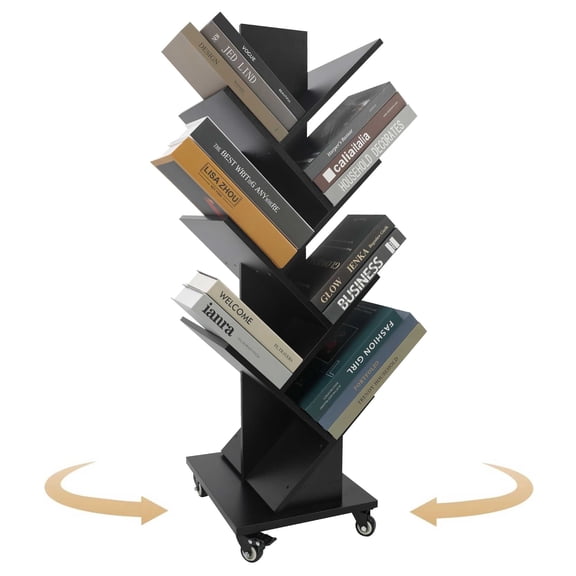 7 Tier Double Sided Rotating Tree Book Shelf, Floor Standing Wood Bookshelf with Adjustable Wheels for Narrow Space, with Storage Cabinet for Books/CDs/Magazine, Black