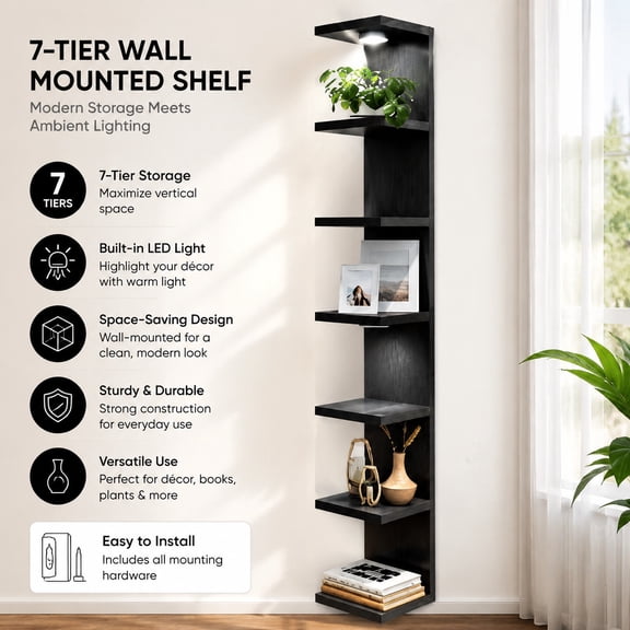 7 Tier Wall Mounted Floating Shelves with LED Lights, Black Lack Wall Shelf for Home Decor, Organizer, and Display