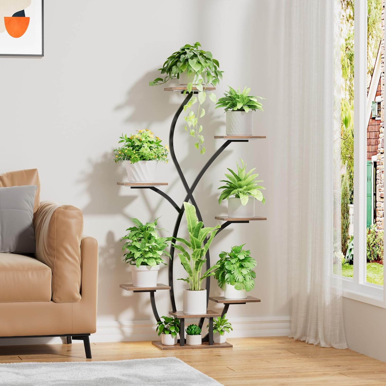 7-Tier Flower-Shaped Black Metal Plant Stand 55