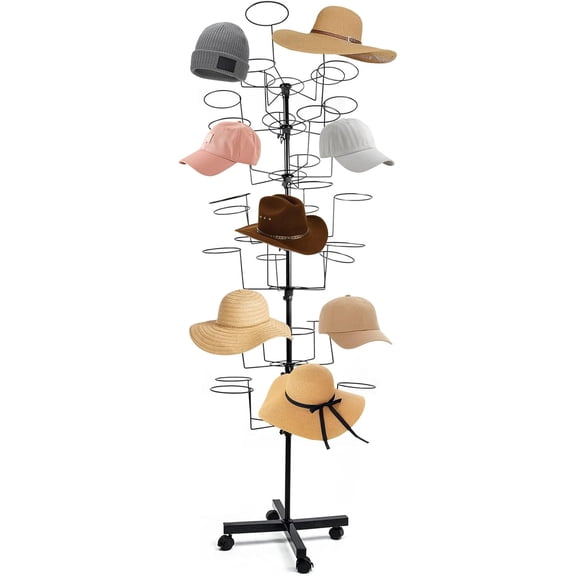 7-Tier Freestanding Hat Rack with 35 Metal Hooks, Adjustable Cap Organizer Display Stand with Wheels for Wigs, Caps, Baseball Hats