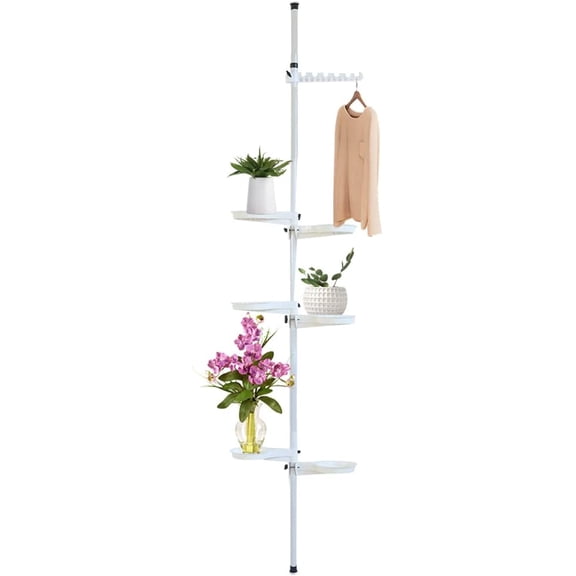 7-Tier Indoor Plant Stand, Plant Pole Stand, Tension Rod Plant Stand, Metal Flower Display Rack Hanger, Height Adjustable, White