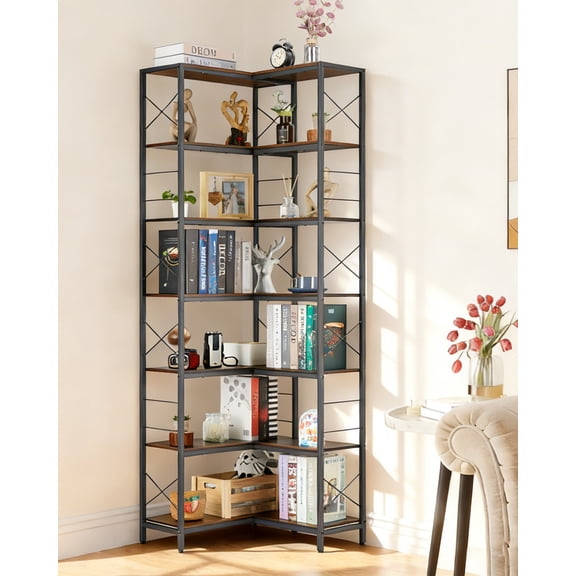 7-Tier Industrial Corner Bookcase, Wood & Metal Freestanding Storage Shelf with X-Frame and Adjustable Feet-Brown