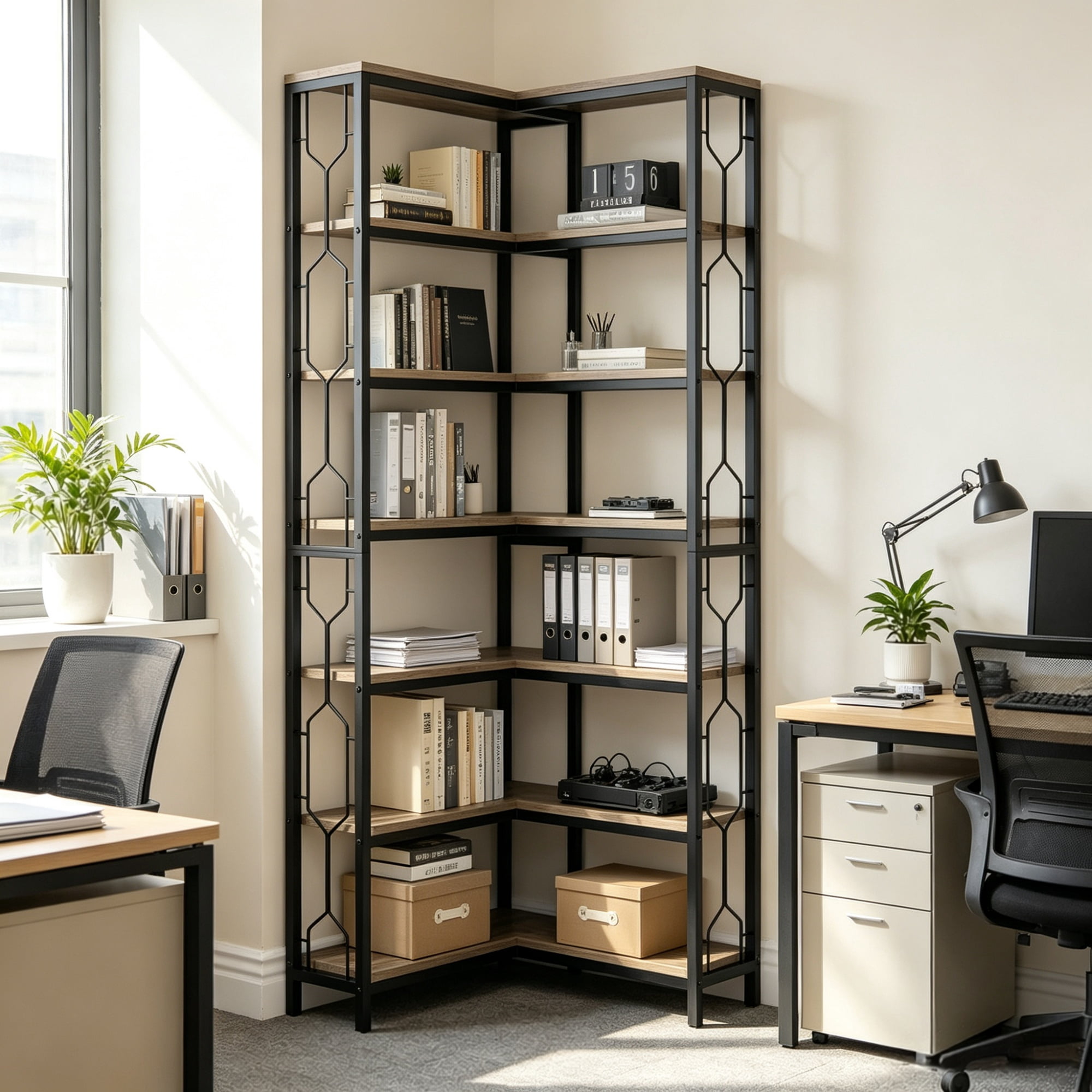 7-Tier Industrial Corner Bookshelf & Etagere Bookcase, 41.34 in x 11.61 in x 10.43 in