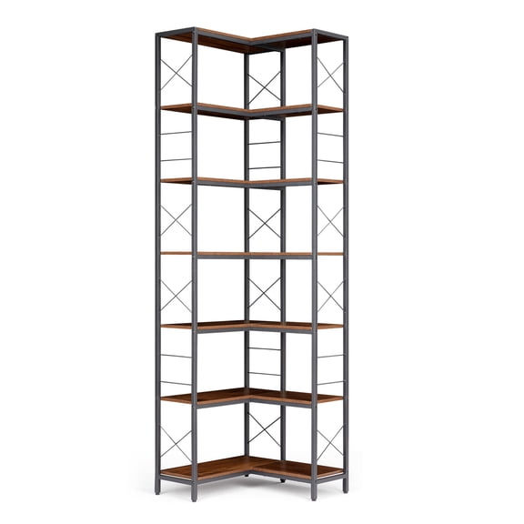 7-Tier Industrial Corner Bookshelf - Freestanding Wood & Metal Bookcase with X-Frame - Large Display & Storage Shelf - Adjustable Feet - Brown