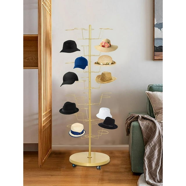 7-Tier Industrial Hat Rack Stand with Wheels, Heavy Duty Rustic Metal Pipe Display for Retail Stores and Home Entryways (Gold)