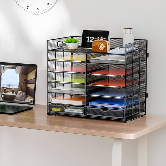 7-Tier Mesh Desk Organizer with Drawer, Literature & File Sorter