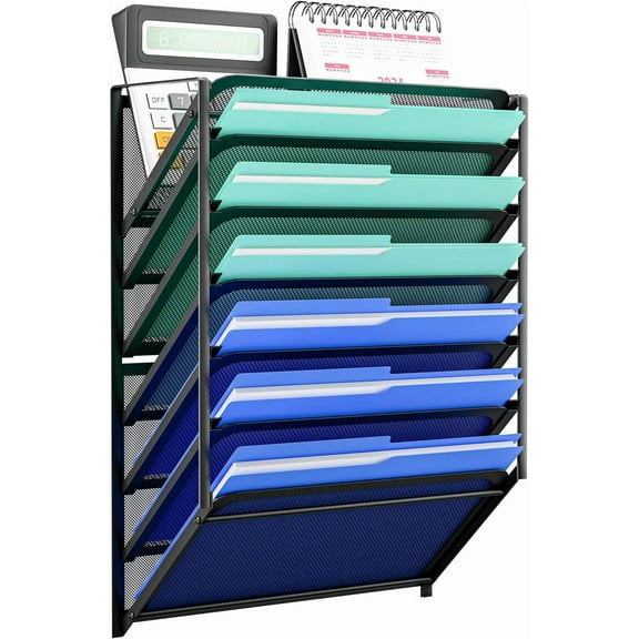 7-Tier Mesh Wall File Organizer, Hanging Wall Mounted Mail Paper Folder Holder, Clipboard Storage Organization Magazine Rack for Office Home School, Black