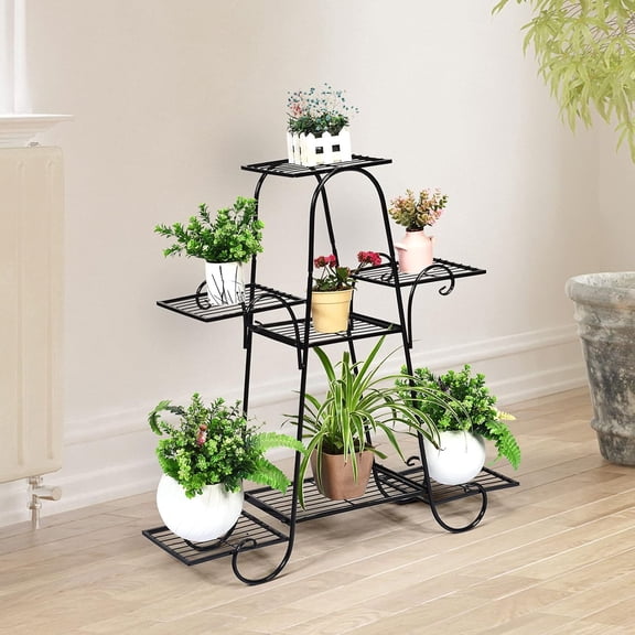 7 Tier Metal Plant Stand, Black Ladder Shelf for Indoor Outdoor Use