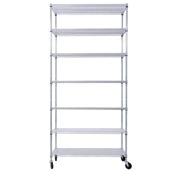 7 Tier Metal Shelf Wire Shelving Unit, 2450Lbs Heavy Duty Adjustable Storage Rack With Wheels & Shelf Liners For Closet Kitchen Garage Basement Commercial Shelving - 81.5" H X 48" L X 18" D Chrome