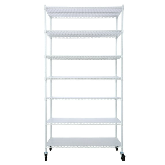 7 Tier Metal Shelf Wire Shelving Unit, 2450lbs Heavy Duty Adjustable Storage Rack with Wheels, Shelf Liners & Leveling Feet for Closet Kitchen Garage Basement, 82"H x 48"L x 18"D, White