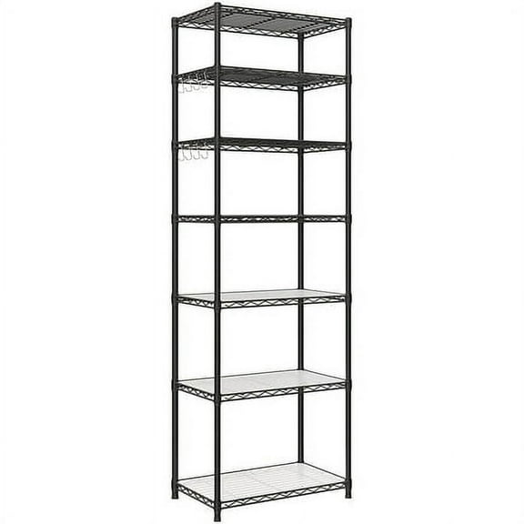 7-Tier Metal Storage Shelves Wire Shelving Unit Garage Shelving Storage Rack Kitchen Living Room 8 Hooks Adjustable Shelves Total Max. Load 616 lb Black