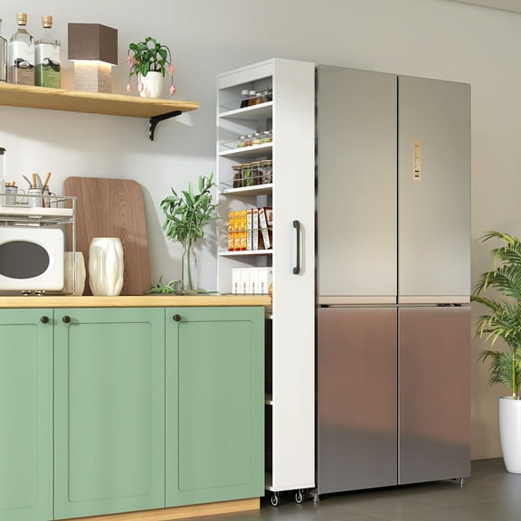 7 Tier Rolling Storage Cart, Pull-Out Organizer, Narrow Kitchen Pantry Shelf with Wheels & Handle, Slim Utility Cart for Refrigerator Side, Laundry Room & Tight Spaces,White