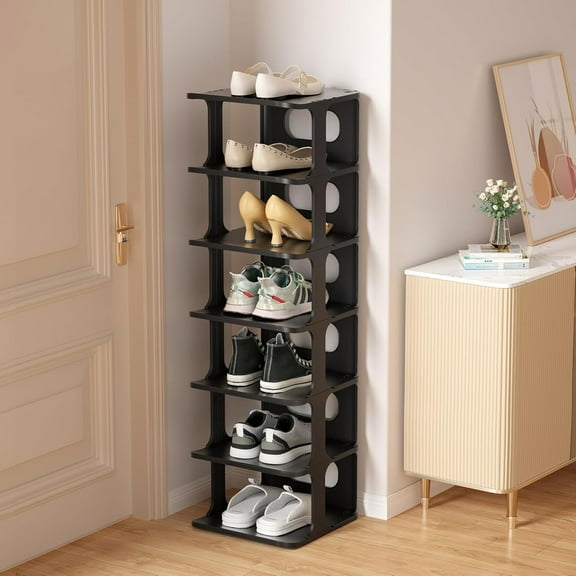 7-Tier Narrow Vertical Shoe Rack, Skinny Shoe Tower for Closet | Space-Saving Storage, Stackable Modular Design, Easy Assembly, 7 Tiers or Two 4-Tier Shelves, Shoe Cubby for Small Shoe Size