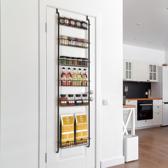 7-Tier Over the Door Pantry Organizer, Black Metal Hanging Rack for Kitchen Cabinet, Food & Can Storage