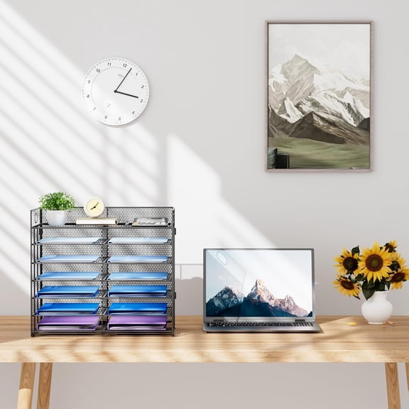 7 Tier Paper Organizer for Desk, Mesh Literature Organizer, Mail File Sorter Tray with Handle, Desktop Mailbox for Office Classroom Home, Black