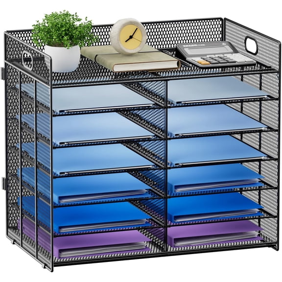 7 Tier Paper Organizer for Desk, Mesh Literature Organizer, Mail File Sorter Tray with Handle, Desktop Mailbox for Office Classroom Home, Black