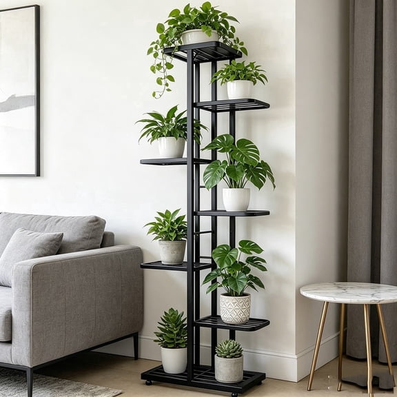 7 Tier Plant Stand, Heavy-Duty Iron Flower Stand, High-Angle Multi-Tier Flower Pot Rack, Sleek Minimalist Design Easy Disassembly, For Living Rooms Entryways Offices Patios Gardens, Indoor/Outdoor