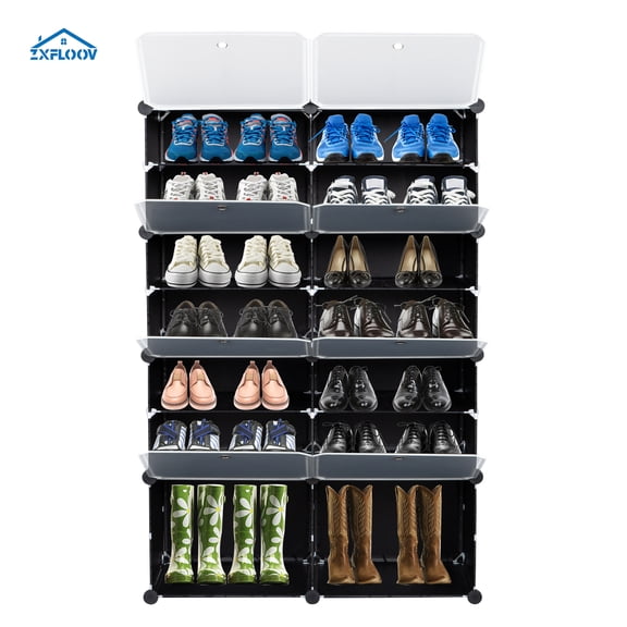 7-Tier Portable Shoe Rack Organizer - 28 Pair Capacity Expandable Storage Cabinet for Heels, Boots & Slippers - Free Standing Black Shoe Shelf for Entryway