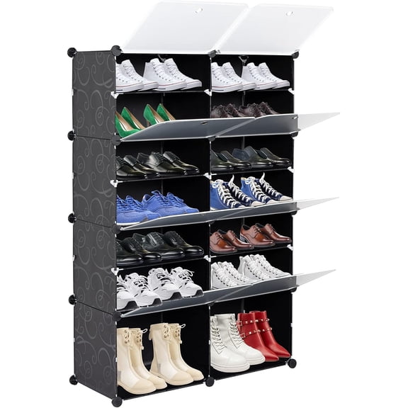 7 Tier Portable Shoe Rack Organizer 28 Pair Covered Shoe Storage Shelves Rack 14 Grids Tower Shelf Storage Cabinet Stand Expandable for Heels,Boots,Slippers,Perfect For Entryway,Hallway,Closet,BLACK