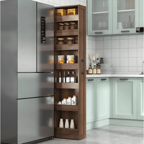 7-Tier Pull-Out Storage Shelf, Multi-Functional Narrow Open Shelving Unit, Slim Rolling Cart for Kitchen, Pantry, Laundry Room, Small Spaces, Walnut Finish
