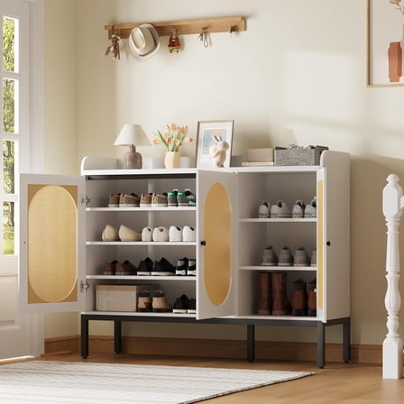 7-Tier Rattan Shoe Cabinet – Freestanding Shoe Storage Organizer with 3 Rattan Doors and Adjustable Shelves for Entryway, Hallway, Living Room, Closet, White