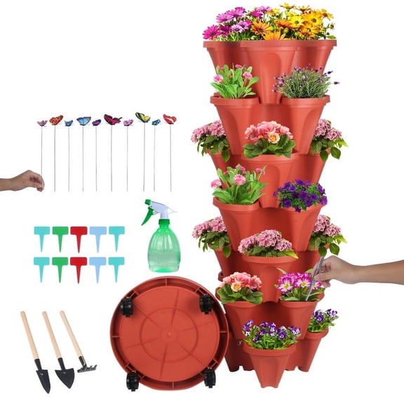 7 Tier Red Stackable Strawberry Planter Garden Tower for Vegetables Flowers Herbs Succulents Vertical Oasis Grow Your Own