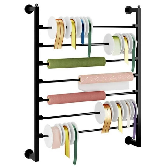 7 Tier Ribbon Holder Rack, Wall Mounted Ribbon Storage Organizer, Metal Wrapping Paper Rack for Craft Room, Flower Shop, Christmas Gift Wrapping Paper