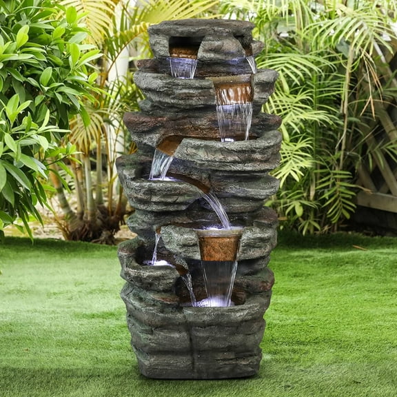 7-Tier Rock Water Fountain w/LED Lights Outdoor Water Feature for Home