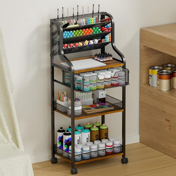 7 Tier Rolling Art Supply Storage Cart with Drawer & Lockable Wheels, 40 Inch Tall Metal Craft Organizer Trolley for Studio & Office Supplies
