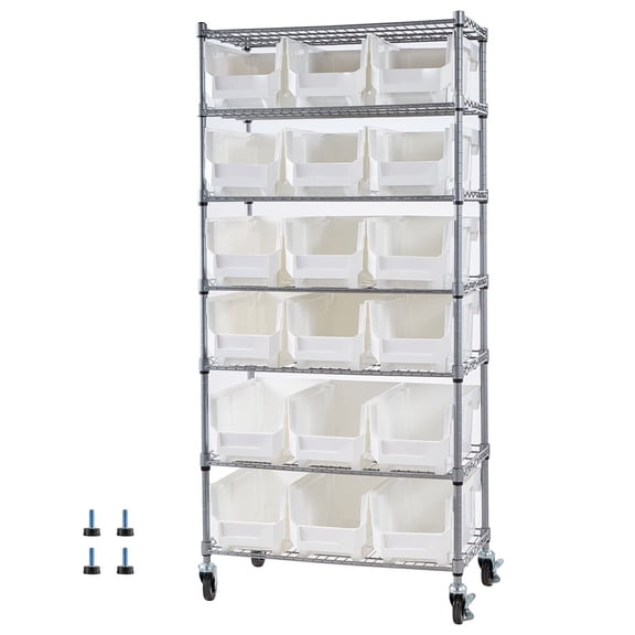 7-Tier Rolling Steel Wire Bin Storage Rack with 18 Plastic Organizer Bins & Wheels, Mobile Tool Parts Storage Cart for Garage Kitchen Classroom Warehouse