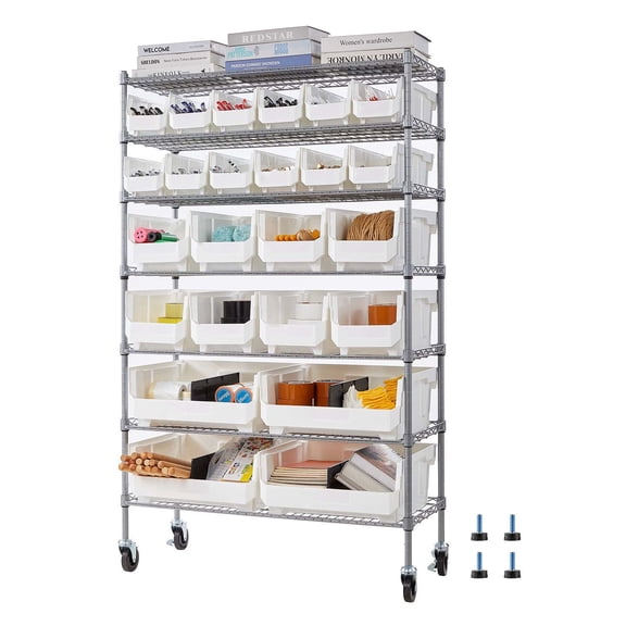 7-Tier Rolling Steel Wire Parts Storage Cart with 24 Large Organizer Bins & Lockable Wheels, Mobile Bin Rack for Garage Kitchen Warehouse Classroom Restaurant