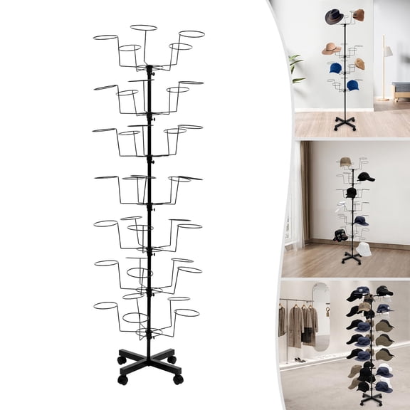 7-Tier Rotating Hat Display Rack Stand 35 Cap Holders,Metal Freestanding Hat Storage Rack,Cowboy Baseball Hat Organizer Rack with Wheels,Adjustable Height Hat Holder for Home,Retail,Clothing Store