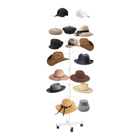 7-Tier Rotatable Hat Rack with Wheels, Freestanding Iron Hat Display Stand with 35 Holders, for Home Retail Store Use