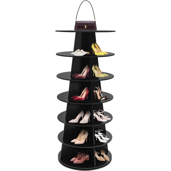 7 Tier Rotating Round Tower Shoe Rack, Vertical Shoe Organizer, Spinning Shoe Rack Tower, Weight Capacity 220 Lbs, Shoe Storage Cabinet for Front Office, Residential, Office (Black)