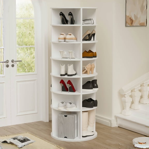 7 Tier Rotating Shoe Rack, Spinning Shoe Rack Tower, Free Standing 360 Revolving Shoe Organizer, High Bottom Design Shoe Tower Spinning Storage Lazy Susan, Fits 28 Pairs of Shoes